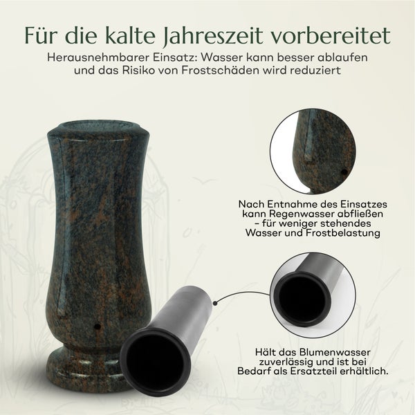 Grabvase aus Stein mit herausnehmbarem Kunststoffeinsatz zur Vermeidung von Frostschäden im Winter.