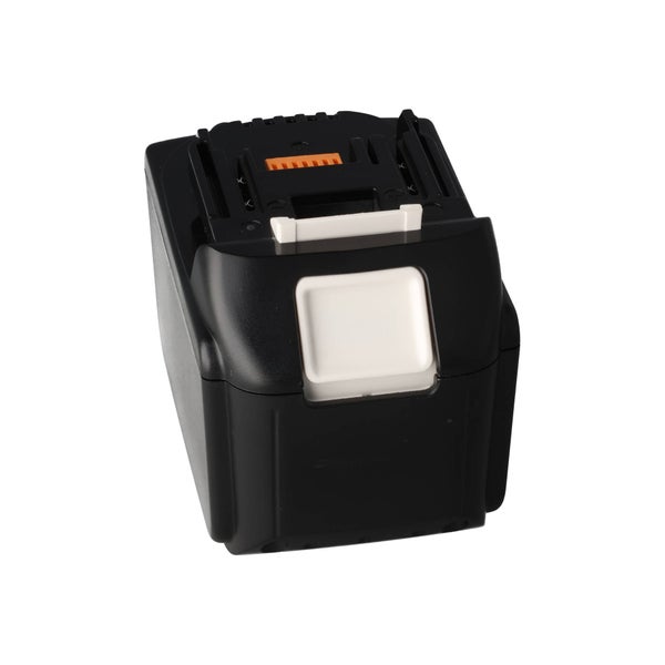 Akku für Elektrowerkzeuge aus schwarzem Kunststoff mit weißem Entriegelungsknopf.