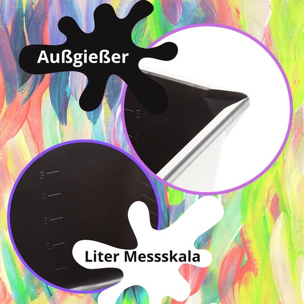 Detailansicht eines Eimers mit integriertem Ausgießer und einer Messskala in Litern auf der Innenseite.