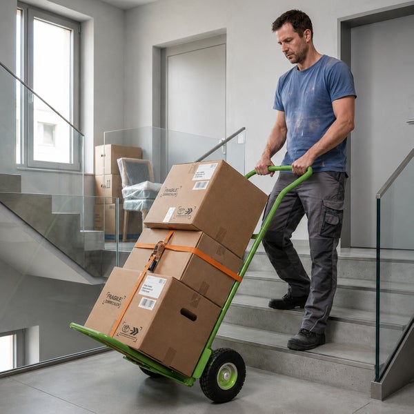 Ein Mann transportiert mit einer Sackkarre mehrere Kartons über eine Betontreppe in einem modernen Hausflur.