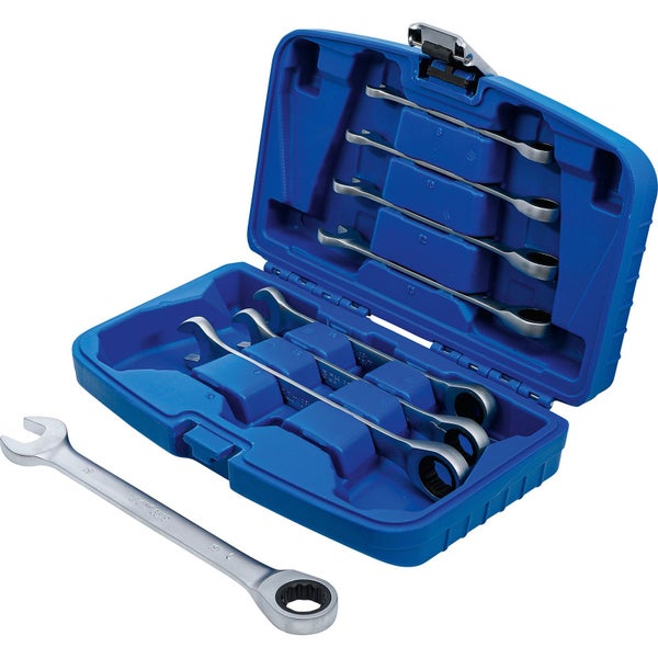 Ratschenschlüssel-Set mit offenem Ringmaulschlüssel in blauem Kunststoffkoffer