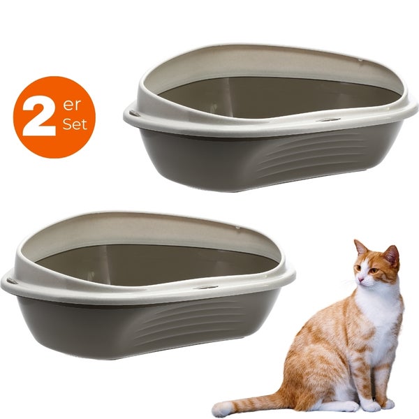Zwei Katzentoiletten mit Rand und Katze