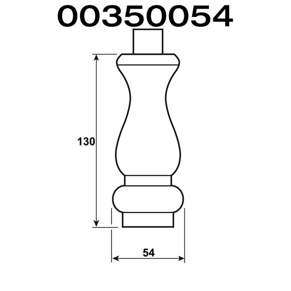 Technische Zeichnung eines gedrechselten Möbelfußes mit den Maßen 130 mal 54 Millimeter.