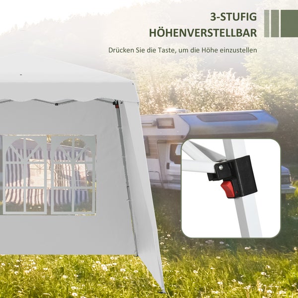 Outsunny Faltpavillon 2,4 x 2,4m Pavillon mit Seitenwand höhenverstellbar Partyzelt mit UV-Schutz, Faltzelt mit Tragetasche für Garten, Balkon, Oxford, Stahl, Weiß