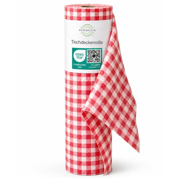 Sensalux Logo. Karierte Tischdeckenrolle mit rot-weißem Muster, zertifiziert nach Oeko-Tex Standard 100 für textile Sicherheit.