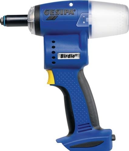 Akkumulator-Blindnietgerät Gesipa Birdie mit blauem Gehäuse, schwarzem Griff und transparentem Auffangbehälter.