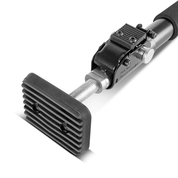 Detailansicht einer Teleskop-Montagestütze mit gummiertem, profiliertem Fuß und Gewindestange zur Feinjustierung.