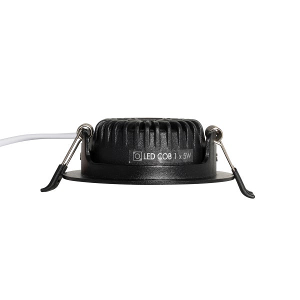 Schwarzer LED COB Einbaustrahler, 5 Watt, mit Kühlrippen, seitlichen Montagefedern und weißem Anschlusskabel.