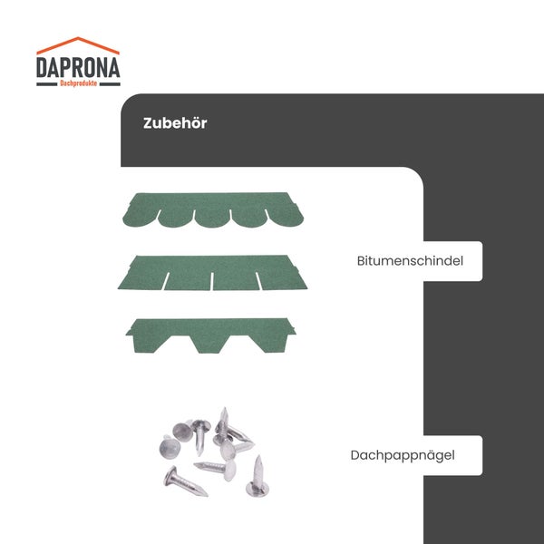 Daprona Logo. Zubehör für die Dachmontage bestehend aus Bitumenschindeln in verschiedenen Formen und Dachpappnägeln.
