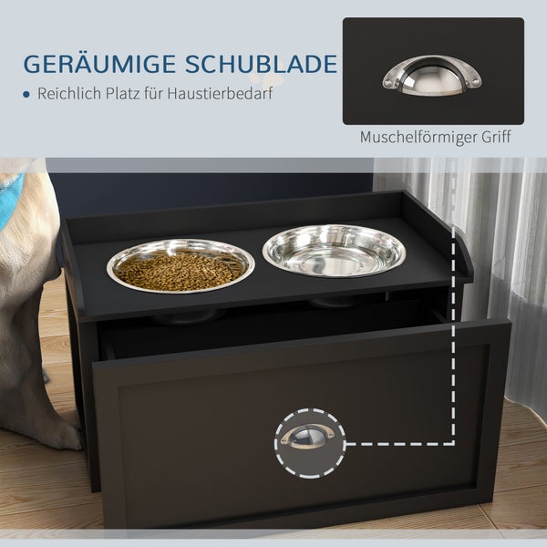Futterstation für Haustiere mit zwei Edelstahlschüsseln und einer geräumigen Schublade mit muschelförmigem Metallgriff.