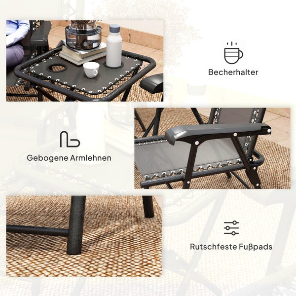 Detailansicht eines Gartenstuhls mit integriertem Becherhalter, gebogenen Armlehnen und rutschfesten Fußpads.