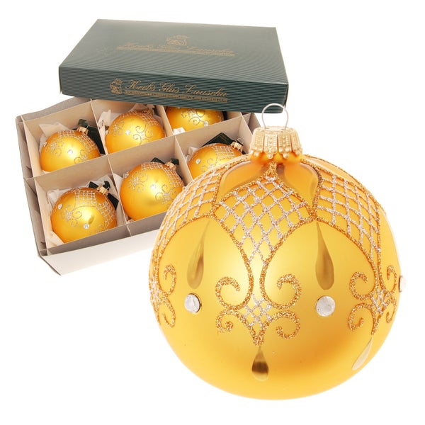 Midas Xmas Barock Design, 6-teilig, gold matt/grau mit Straßstein, 8cm, 6 Stck., Weihnachtsbaumkugeln, Christbaumschmuck, Weihnachtsbaumanhänger