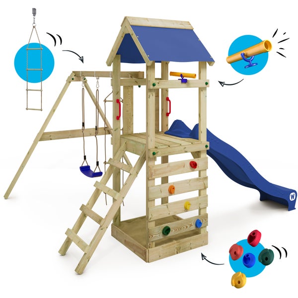 WICKEY Spielturm Klettergerüst FreeFlyer mit Schaukel und Rutsche, Kletterturm mit Sandkasten, Leiter und Spiel-Zubehör - blau