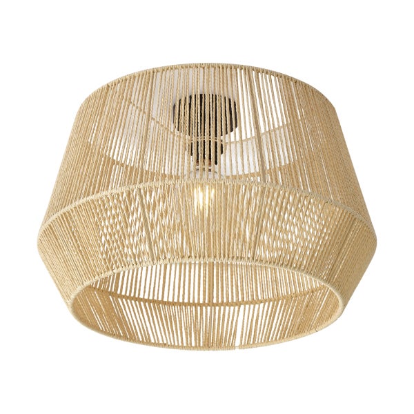 Runde Deckenleuchte mit einem Lampenschirm aus geflochtener Naturfaser mit einer Lichtquelle