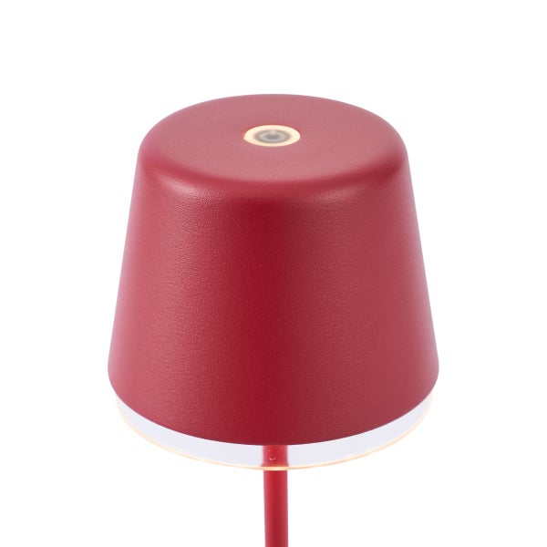 Moderne LED Tischleuchte mit rotem Schirm und integriertem Berührungssensor auf der Oberseite.