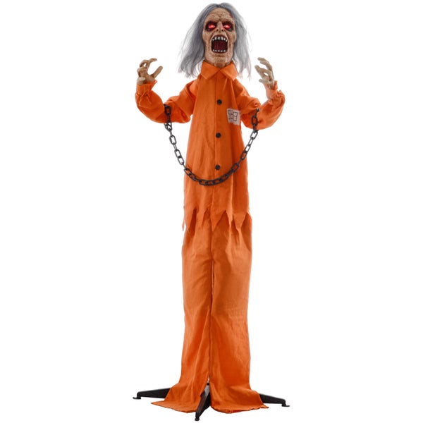 HOMCOM 85cm Halloween Dekoration Gruseliger Sprechender Gefangener mit LED-Lichter, Soundfunktion, Haustür Deko mit verstellbare Arme, Garten Dekofigur für Party, Orange