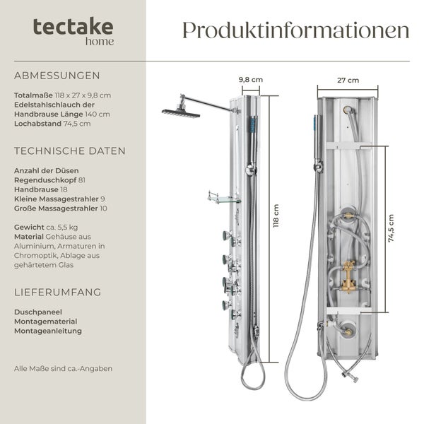 tectake Duschpaneel mit Produktinformationen und Maßangaben