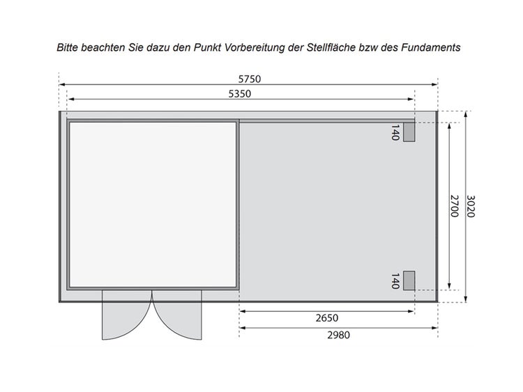 Grundrisszeichnung eines Gartenhauses mit Terrasse inklusive Maßangaben in Millimetern für Fundament und Stellfläche.