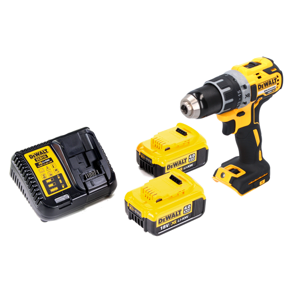 DeWalt bürstenloser Akku-Bohrschrauber Set mit zwei 18 Volt 4,0 Amperestunden Lithium-Ionen-Akkus und Ladegerät.