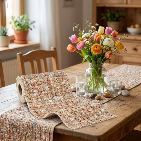 Tischläufer auf Rolle mit gewebtem Strukturmuster auf einem Holztisch dekoriert mit einer Blumenvase und Windlichtern in einem Esszimmer.