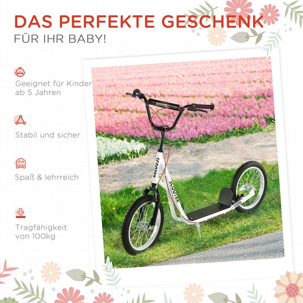 HOMCOM Kinderroller, 139L x 58B x 90-96H cm, Stahl, Aluminium, Gummi, Weiß