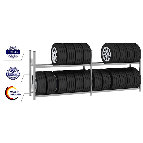 Verzinktes Reifenregal auf zwei Ebenen mit Autoreifen, inklusive Siegeln für fünf Jahre Garantie, ISO-Zertifizierung und Made in Germany.