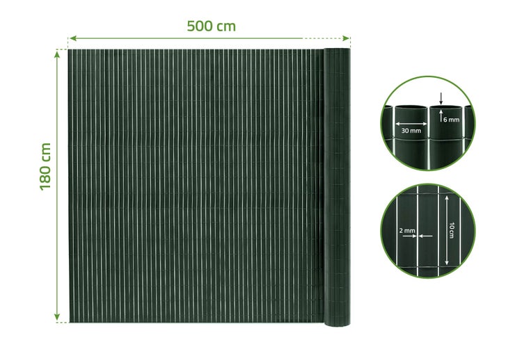 PVC Sichtschutzmatte 180 mal 500 Zentimeter mit 30 Millimeter Lamellenbreite als Garten Sichtschutz