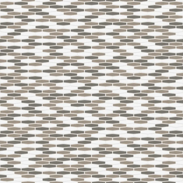 Mosaikfliese mit länglichen Sechsecken in Weiß, Beige und Dunkelgrau für Wand und Boden.