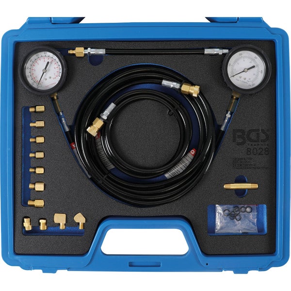 Motor-Druckprüfset mit Manometern, Schläuchen und Adaptern im blauen Koffer