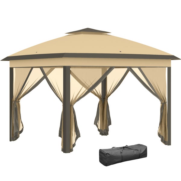 Outsunny Pavillon 3,3x3,3m, wasserabweisend Winterfest Pop-up Faltpavillon mit Doppeldach, UV Schutz, Faltbar Partyzelt Gartenzelt mit Seitenteilen, Tasche Gartenpavillon für Camping Garten, Beige