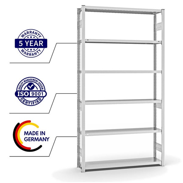 PROREGAL Fachbodenregal Stecksystem T-Profil Heavy-Duty Grundregal HxBxT 250 x 130 x 30 cm 6 Ebenen Fachlast 300 kg Beidseitig Nutzbar Lichtgrau
