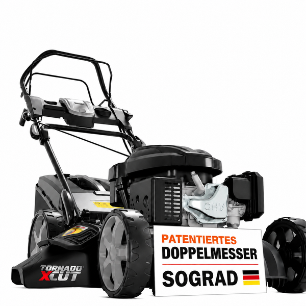 Benzin-Rasenmäher mit Tornado XCut Technologie, patentiertem Doppelmesser und Sograd System.