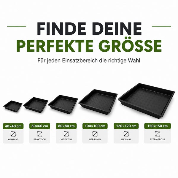 Größenvergleich von quadratischen Kunststoffwannen in Schwarz von 40 mal 40 Zentimeter bis 150 mal 150 Zentimeter.