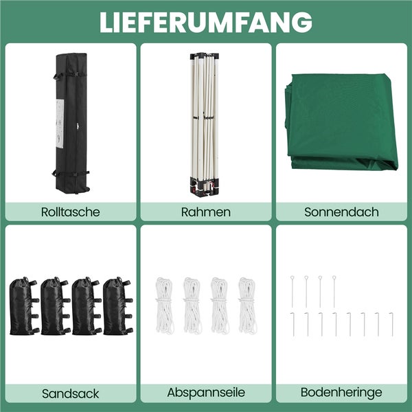 Lieferumfang eines Faltpavillons bestehend aus Rolltasche, Metallrahmen, Sonnendach, vier Sandsäcken, vier Abspannseilen und Bodenheringen.