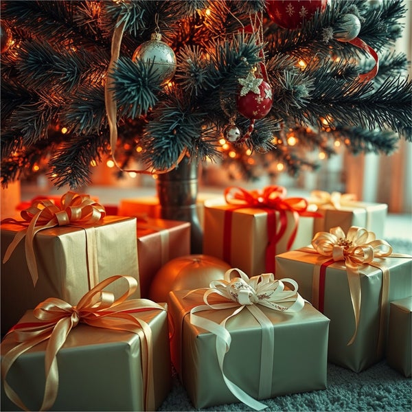 Weihnachtsbaum mit goldenen Geschenkboxen und Dekorationen