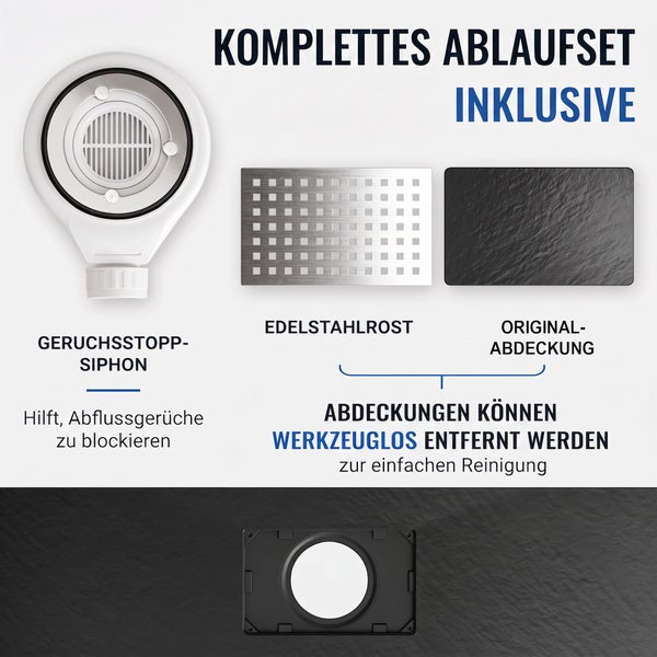 Komplettes Ablaufset für Duschen mit Geruchsstoppsiphon, Edelstahlrost und Originalabdeckung, die werkzeuglos zur Reinigung entfernt werden können.