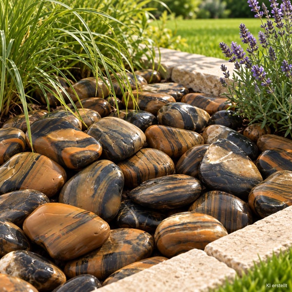 Glatte Zierkiesel in gestreifter Optik als dekorative Gartengestaltung in einem Beet mit Lavendel und Gräsern sowie einer Steinumrandung.