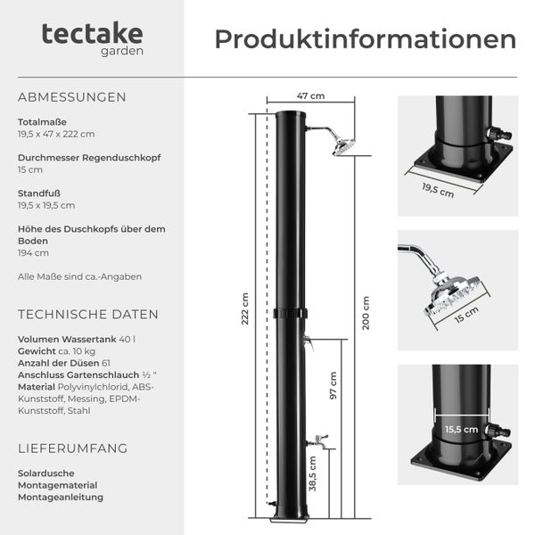 Produktinformationen der Solardusche mit Maßen und technischen Daten von tectake garden