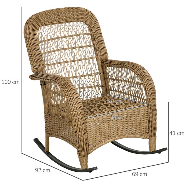 Schaukelstuhl aus Geflecht mit Maßangaben: Höhe 100 Zentimeter, Breite 69 Zentimeter, Tiefe 92 Zentimeter, Sitzhöhe 41 Zentimeter.