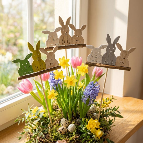 Ostergesteck mit Holzhasen auf Stäben, Tulpen, Narzissen, Hyazinthen und Wachteleiern auf einem Holztisch am Fenster.