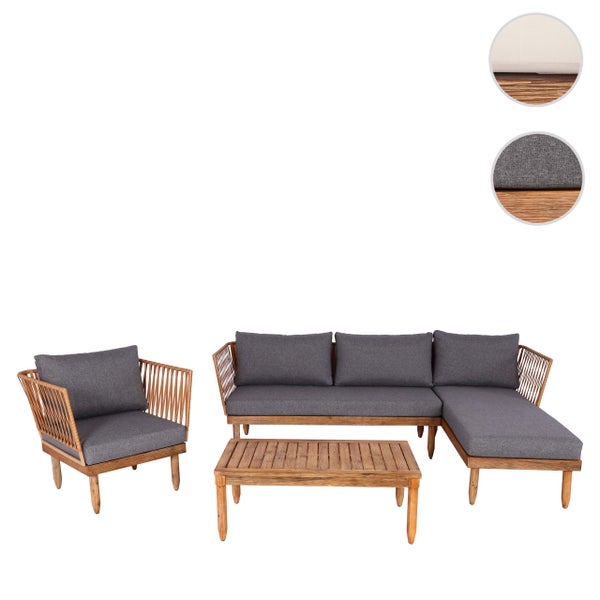 Garten-Lounge-Set aus Holz mit Ecksofa, Sessel und Couchtisch. Polster in Dunkelgrau und dekorative Seilbespannung.