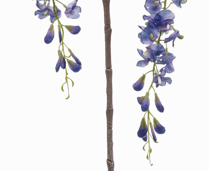 Künstliche Glyzinie mit blauen Blüten, grünen Blättern und braunem Zweig.