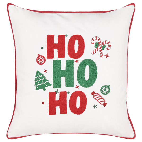 Quadratisches Weihnachtskissen mit Ho Ho Ho Schriftzug und weihnachtlichen Motiven wie Tannenbaum und Zuckerstangen als Dekokissen