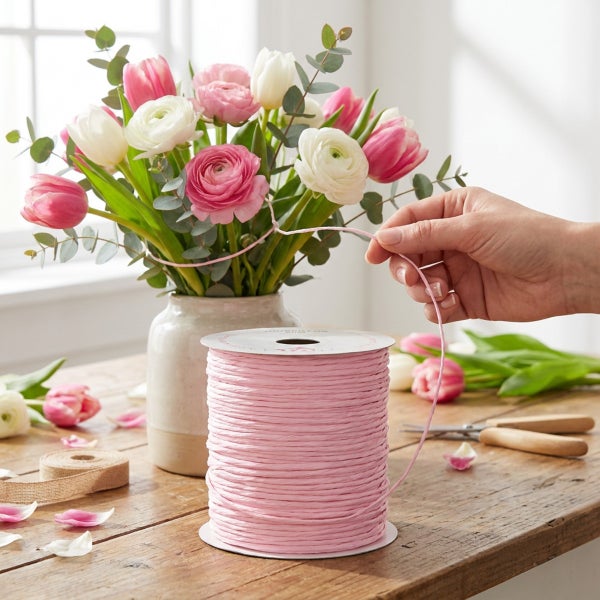 Eine Rolle mit Papierkordel zum Basteln steht auf einem Holztisch neben einem Blumenstrauß.