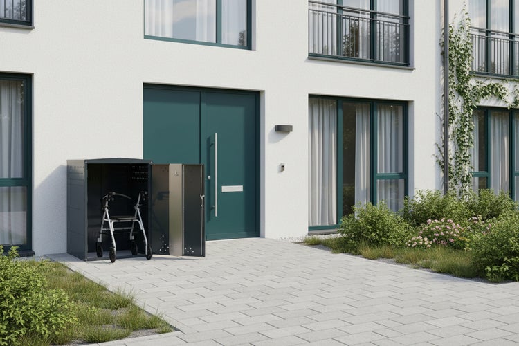 Fahrradbox vor einem modernen Wohnhaus mit einem Rollator darin