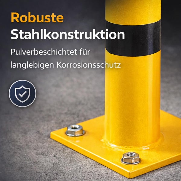 Gelber Absperrpfosten aus robuster, pulverbeschichteter Stahlkonstruktion mit Korrosionsschutz und Bodenplatte zur Befestigung.