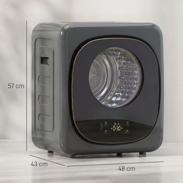 Kompakter Wäschetrockner mit digitalem Display und Sichtfenster, Maße 57 Zentimeter Höhe, 48 Zentimeter Breite und 43 Zentimeter Tiefe.