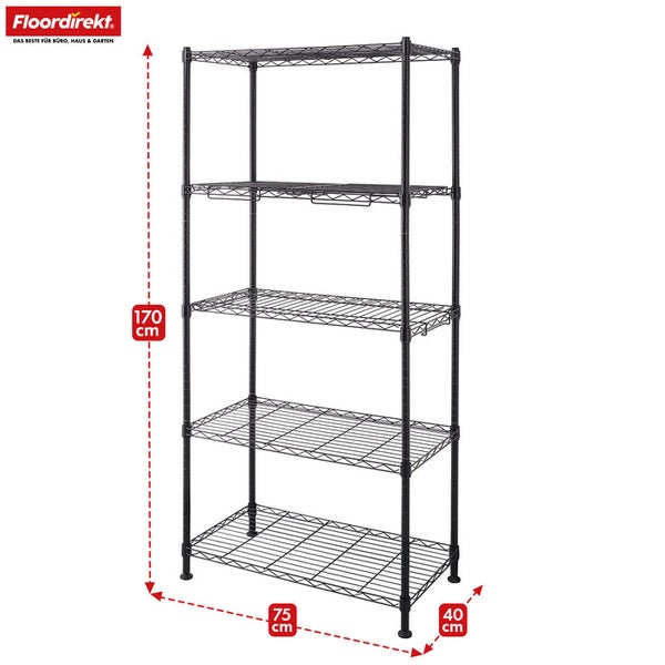Schwarzes Metallregal mit fünf Ablagen und den Maßen 170 x 75 x 40 cm.