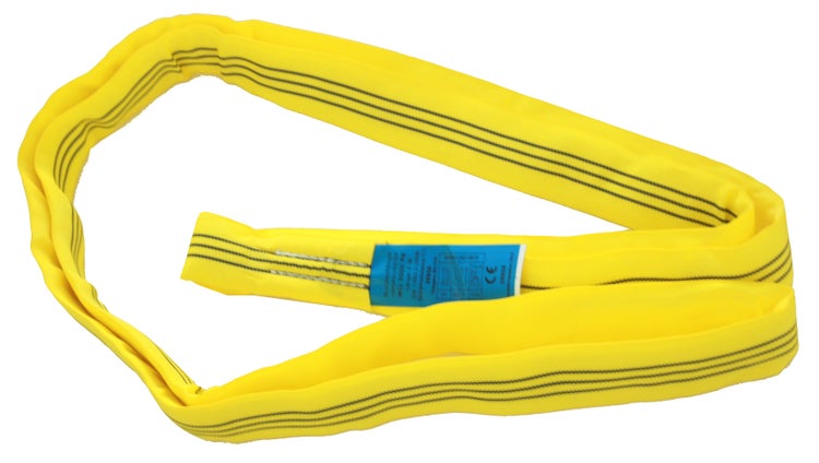 Rundschlinge aus Polyester mit Tragkraft von 3000 Kilogramm und Etikett mit technischen Daten