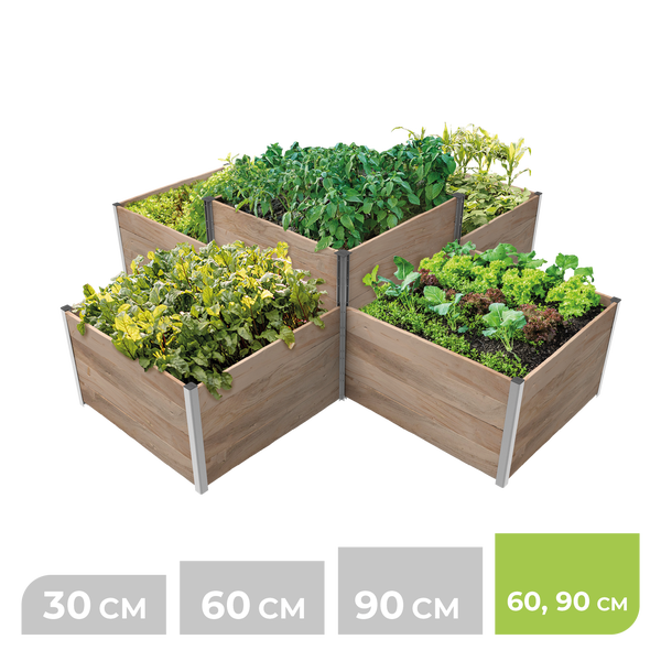 Modulares Hochbeet-System aus Holz in verschiedenen Höhen von 30 bis 90 Zentimeter, bepflanzt mit Gemüse und Kräutern.